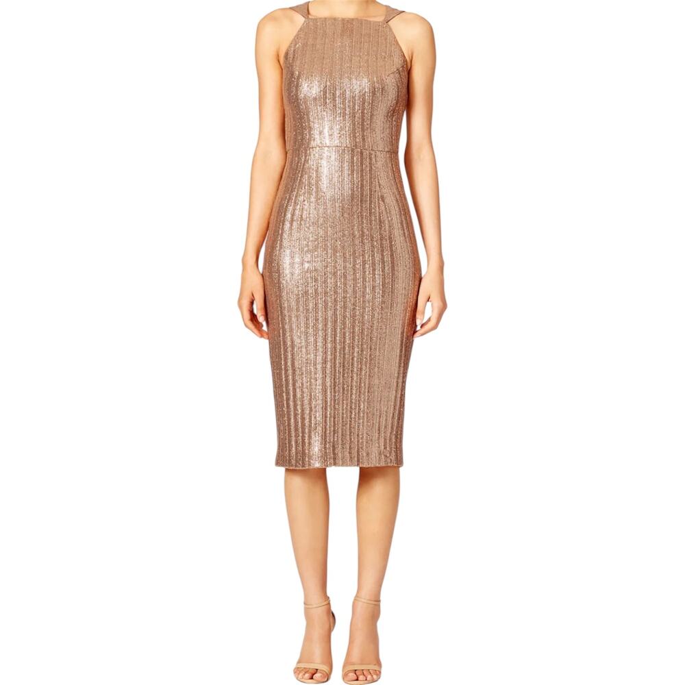 Christian Siriano Metallic Knit Dress Midi Sheath Bodycon Ribbed Red Rose Gold 2